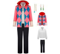 Kolegrial Déguisement Howl Homme Cosplay Anime Howl's Moving Castle Uniforme Set Veste et Top Pantalon avec Collier Boucles d'oreilles pour Carnaval Halloween Party Masquerade Costume