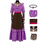 Kolegrial Déguisement Mamá Imelda Femme Cosplay Mamá Imelda Squelette Imprimé Outfit Robe et Top Tablier avec Collier Gants pour Carnaval Halloween Party Masquerade Fancy Jeu de rôle Costume