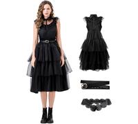 Kolegrial Déguisement Mercredi Femme Cosplay Gothique Vampire Sorcière Mariée Fantôme Noir Longue Robe de Soirée et Ceinture pour Carnaval Halloween Party Masquerade Fancy Robe de Bal