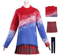 Kolegrial Déguisement Mercredi Femme Cosplay Mercredi 2 Uniforme Rouge Pullover et Jupe Plissée avec Chaussettes Set pour Carnaval Halloween Party Masquerade Costume
