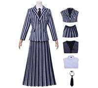 Kolegrial Déguisement Mercredi Femme Cosplay Season 2 Nevermore Academy Rayures Uniforme Scolaire Set Veste et Gilet Chemise Jupe Cravate pour Carnaval Halloween Party Masquerade Jeu de rôle Costume