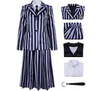 Kolegrial Déguisement Mercredi Femme Cosplay Season 2 Nevermore Academy Rayures Uniforme Scolaire Set Veste Gilet Chemise Jupe Cravate pour Carnaval Halloween Party Anniversaire Masquerade Costume