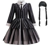 Kolegrial Déguisement Mercredi Fille Cosplay Season 2 Nevermore Academy Rayures Uniforme Scolaire Gothique Robes de Soirée et Perruque pour Enfant Carnaval Halloween Fête Robe de Bal, 4-12 ans