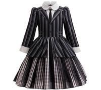 Kolegrial Déguisement Mercredi Fille Cosplay Season 2 Nevermore Academy Rayures Uniforme Scolaire Gothique Robes de Soirée et Perruque pour Enfant Carnaval Halloween Fête Robe de Bal, 4-12 ans