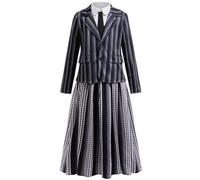 Kolegrial Déguisement Mercredi Fille Cosplay Season 2 Nevermore Academy Rayures Uniforme Scolaire Set Veste Chemisier Jupe et Perruque pour Enfant Carnaval Halloween Fête Costume, 4-12 ans