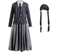 Kolegrial Déguisement Mercredi Fille Cosplay Season 2 Nevermore Academy Rayures Uniforme Scolaire Set Veste Chemisier Jupe et Perruque pour Enfant Carnaval Halloween Fête Costume, 4-12 ans