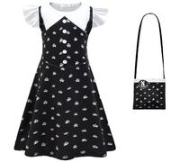 Kolegrial Déguisement Mercredi Fille Cosplay Season 2 Nevermore Academy Uniforme Scolaire Imprimé Ballerine Robe et Sac pour Enfant Carnaval Halloween Fête Robe de Bal, 3-8 ans