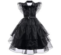 Kolegrial Déguisement Mercredi Filles Cosplay Gothique Vampire Sorcière Mariée Fantôme Noir Longue Robe de Soirée et Ceinture pour Carnaval Halloween Party Masquerade Fancy Robe de Bal