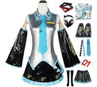 Kolegrial Déguisement Miku Femme Cosplay Virtual Idol H'atsune M'iku Complet PU JK Uniforme Set avec Autocollants et Accessoires pour Carnaval Halloween Party Masquerade Jeu de rôle Anime Costume