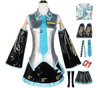 Kolegrial Déguisement Miku Femme Cosplay Virtual Idol H'atsune M'iku Complet PU JK Uniforme Set avec Autocollants et Accessoires pour Carnaval Halloween Party Masquerade Jeu de rôle Anime Costume
