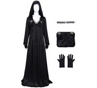 Kolegrial Déguisement Moth Lady Femme Cosplay Game 8 Moth Lady Gothique Vampire Sorcière Noir Long Robe à Capuche avec Collier Gants pour Carnaval Halloween Party Masquerade Fancy Jeu de rôle Costume