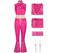 Kolegrial Déguisement Rose Doll Femme Cosplay 70s 80s Hippie Disco Cowgirl Vintage Set Top Pantalon Foulard avec Boucles d'oreilles pour Carnaval Halloween Party Anniversaire Masquerade Costume, Rose
