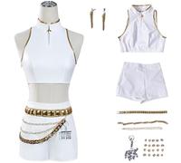 Kolegrial Déguisement Rumi Femme Cosplay Démon Chasseur Rumi Blanc Deluxe Performance Show Complete Uniform Set Haut et Pantalon avec Accessoires pour Carnaval Halloween Party Masquerade Costume