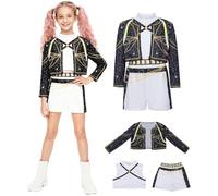 Kolegrial Déguisement Rumi Filles Cosplay Démon Chasseur Rumi Performance Show Imprimés Uniforme Vestes et Top Pantalons Set 3 Pièces pour Carnaval Halloween Party Masquerade Costume, Noir Blanc