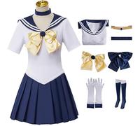 Kolegrial Déguisement Sailor Uranus Femme Cosplay Anime Sailor Uranus Tenoh Haruka Transformation Uniforme avec Accessoires Set 7 Pièces pour Carnaval Halloween Party Anniversaire Masquerade Costume