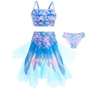 Kolegrial Déguisement Sirène Maillot de Bain Filles Bleu Clair Imprimé Volant Camisole et Jupe Short Set 3 Pièces pour Enfant Hawaï Plage Spa Natation Pool Party Bikini Maillot de Bain, 3-10 Ans