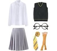 Kolegrial Déguisement Sorcier Femme Cosplay Collège de Magie Uniforme Scolaire Gilet Chemise Jupe Lunettes Cravate Chaussettes pour Carnaval Halloween Party Masquerade Costume, Bleu/Vert/Rouge/Jaune