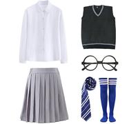 Kolegrial Déguisement Sorcier Femme Cosplay Collège de Magie Uniforme Scolaire Gilet Chemise Jupe Lunettes Cravate Chaussettes pour Carnaval Halloween Party Masquerade Costume, Bleu/Vert/Rouge/Jaune