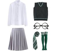 Kolegrial Déguisement Sorcier Femme Cosplay Collège de Magie Uniforme Scolaire Gilet Chemise Jupe Lunettes Cravate Chaussettes pour Carnaval Halloween Party Masquerade Costume, Bleu/Vert/Rouge/Jaune