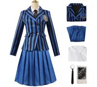 Kolegrial Femme Déguisement Nevermore Academy Uniforme Scolaire Set Veste Chemise Jupe Cravate Chaussettes et Gilet pour Fancy Dress Up Carnaval Halloween Party Anniversaire Masquerade Costume, Bleu