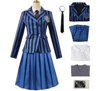 Kolegrial Fille Déguisement Nevermore Academy Uniforme Scolaire Set Veste Chemise Jupe Cravate Chaussettes et Gilet pour Fancy Dress Up Carnaval Halloween Party Anniversaire Masquerade Costume, Bleu