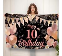 Koliphy Bannière d'anniversaire 10e anniversaire - Bannière décorative pour garçons et filles - Tissu tenu à la main - Décoration de fête pour l'intérieur et l'extérieur (noir or rose)