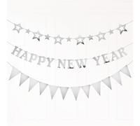 Koliphy Décoration du Nouvel an 2026, Guirlande Happy New Year Fond de fête, Réveillon du Décoration de Nouvel an 2026 pour Intérieur et Extérieur (Argenté)