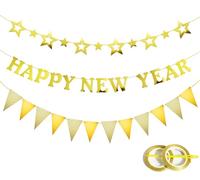 Koliphy Décoration du Nouvel an 2026, Guirlande Happy New Year Fond de fête, Réveillon du Décoration de Nouvel an 2026 pour Intérieur et Extérieur (Or)