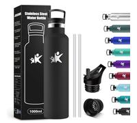 KollyKolla Bouteille d'eau en Acier Inoxydable 1L, Gourde Inox avec en Paille, Facile à Transporter, Double Paroi Isolante, sans BPA, Anti Fuite et Réutilisable, pour Camping, Voyage, Bureau