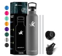 KollyKolla Bouteille Isotherme 1 Litre, Gourde Inox avec en Paille, Bouteille d'eau sans BPA, Réutilisable, Anti-Fuite, Gourde Acier Inoxydable pour Enfant, Adultes, Sport, Cyclisme - 2 Couvercles