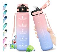 KollyKolla Bouteille Sport 1L, Étanche, Gourde avec Marqueur de Temps, Gourde Motivation, avec Paille, Bouteille d'eau Idéale pour Randonnée, Bureau, l'école