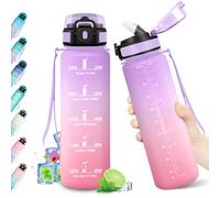 KollyKolla Gourde 1L, Bouteille d'eau Étanche, Bouteille Sport, avec Paille sans BPA, Gourde Motivation, avec Marqueur de Temps, Réutilisable pour l'école, Bureau, Camping