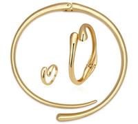 KOLODOGO Parure de bijoux 3 pièces avec collier ras du cou en forme de larme, bracelet manchette ouvert, bague réglable, ensemble doré pour femme, Middle, Cuivre, Pas de gemme