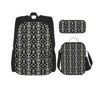 KoloQren Ensemble sac à dos multifonction avec motif floral et crâne, sac à déjeuner et trousse à crayons, loisirs, mode, noir, One Size