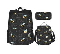 KoloQren Ensemble sac à dos multifonction imprimé abeille volante avec sac à déjeuner et trousse à crayons, loisirs, mode, noir, One Size