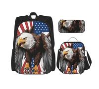 KoloQren Ensemble sac à dos multifonction motif aigle avec drapeau des États-Unis avec sac à déjeuner et trousse à crayons, loisirs, mode, noir, One Size