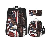 KoloQren Ensemble sac à dos multifonction motif aigle avec drapeau des États-Unis avec sac à déjeuner et trousse à crayons, loisirs, mode, noir, One Size