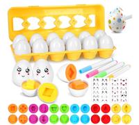 KOMABLEN 12 Pièces Oeufs Assortis, Jouet Montessori Couleur et Forme Reconnaissance, Oeufs Puzzle Ensemble Éducatifs Géométriques Motifs Pâques Cadeau des Enfants pour Garçons Filles