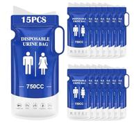 KOMABLEN 15 Pièces Sacs à Urine Jetable, 750ml Urinoir Femme Portable avec Poignée, Portables Sacs à Pot de Chambre Adulte, Sac a Vomi pour Homme Enfant pour Le Camping, Voyages, embouteillages