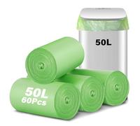 KOMABLEN 60 Sac Poubelle 50l, 4 Rouleaux Biodégradables Sac Amidon de Maïs, Résistant Sacs Poubelle Compostable, Vert Sacs Poubelle pour Salon, Aliments, Salle de Bain, Ménages(80x90cm)