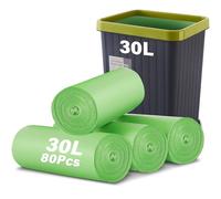 KOMABLEN 80 Sac Poubelle 30l, 4 Rouleaux Biodégradables Sac Amidon de Maïs, Résistant Sacs Poubelle Compostable, Vert Sacs Poubelle pour Salon, Aliments, Salle de Bain, Ménages(60x70cm)