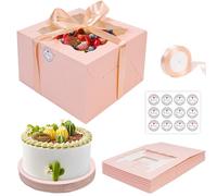 KOMABLEN Lot de 10 boîtes à gâteau hautes - Rose - Avec fenêtre transparente - Socle et ruban - Transport de gâteaux - 20,3 cm
