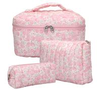 KOMABLEN Lot de 3 Trousse de Toilette Femme Trousse Maquillage Trousse Matelassée Fleurie en Coton Doux Cosmétiques Portable Grande Pochette Maquillage Organiseur Cosmétique Voyage