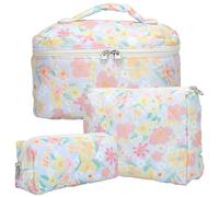 KOMABLEN Lot de 3 Trousse de Toilette Femme Trousse Maquillage Trousse Matelassée Fleurie en Coton Doux Cosmétiques Portable Grande Pochette Maquillage Organiseur Cosmétique Voyage