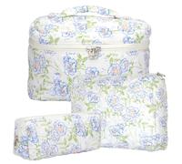 KOMABLEN Lot de 3 Trousse de Toilette Femme Trousse Maquillage Trousse Matelassée Fleurie en Coton Doux Cosmétiques Portable Grande Pochette Maquillage Organiseur Cosmétique Voyage