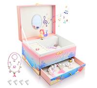 KOMABLEN Sirène Boîte à Bijoux Fille, Boite Musique Enfant avec Miroir, Boîte à Musique avec 4 Parure de Bijoux et Protege Angle, Sirene Cadeau d'Anniversaire pour 3-10 ans
