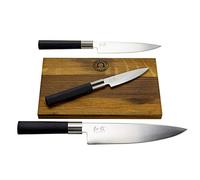 Kombatibel Kai Wasabi Black Lot de 3 couteaux d'office ultra tranchants + planche à découper en bois de tonneau 25 x 15 cm