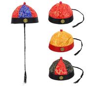 KOMBIUDA 4 Pièces Chapeau d'Empereur Qing Ancien avec Tresses, Taille Adulte 9, Chapeau de Costume Chinois Traditionnel pour Théâtre et Fête, Coloris Rouge-Bleu, Rouge-Noir, Jaune Bord