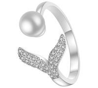 KOMBIUDA Bague Ajustable Perle Simulée en Alliage Argenté, Anneau Ouvert de Queue de Sirène, Bague de Fille Élégante pour Port Quotidien ou Engagement