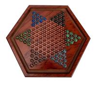 KOMBIUDA Jeu de Dames Chinoises Hexagonal en Bois Naturel Billes en Verre, Jeu de Société Familial Éducatif pour Garçon et Filles et Adultes, Plateau 6 Angles, Développement Logique